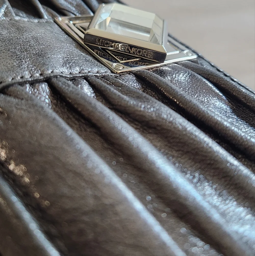 Michael Kors Metallic Ruched Leather Clutch Wallet w/ Jewel Clasp